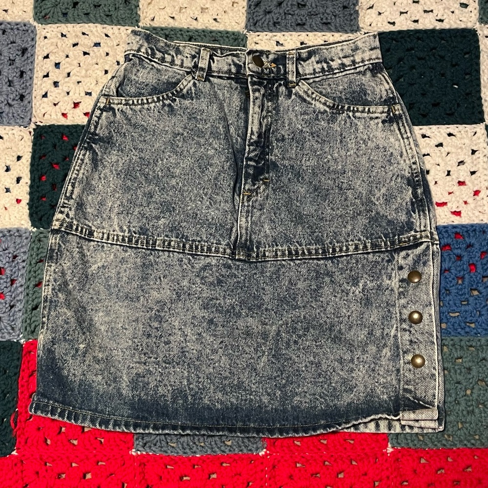 Vintage 80s Sierra West Acid Wash Snap Side Slit Denim Skirt Size 7 USA Made